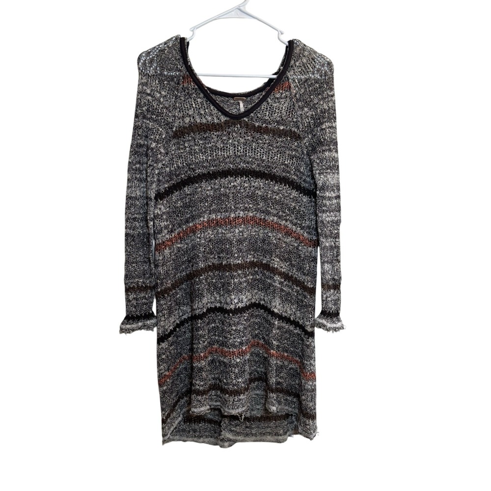 Free People Striped Open Knit Sweater Dress Grey Brown Orange Boho XS